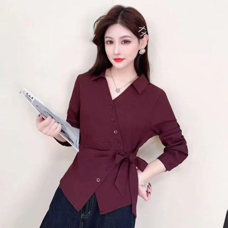 2025 Autumn Women's Long-Sleeve Irregular Tie-Waist Slimming Shirt