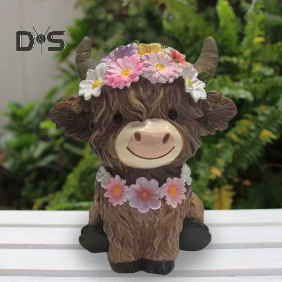 2Pcs Highland Cow Dwarf Ornaments Brown Finish Cattle Figure with Pink Flowers Bookshelf Fireplace Home Decor