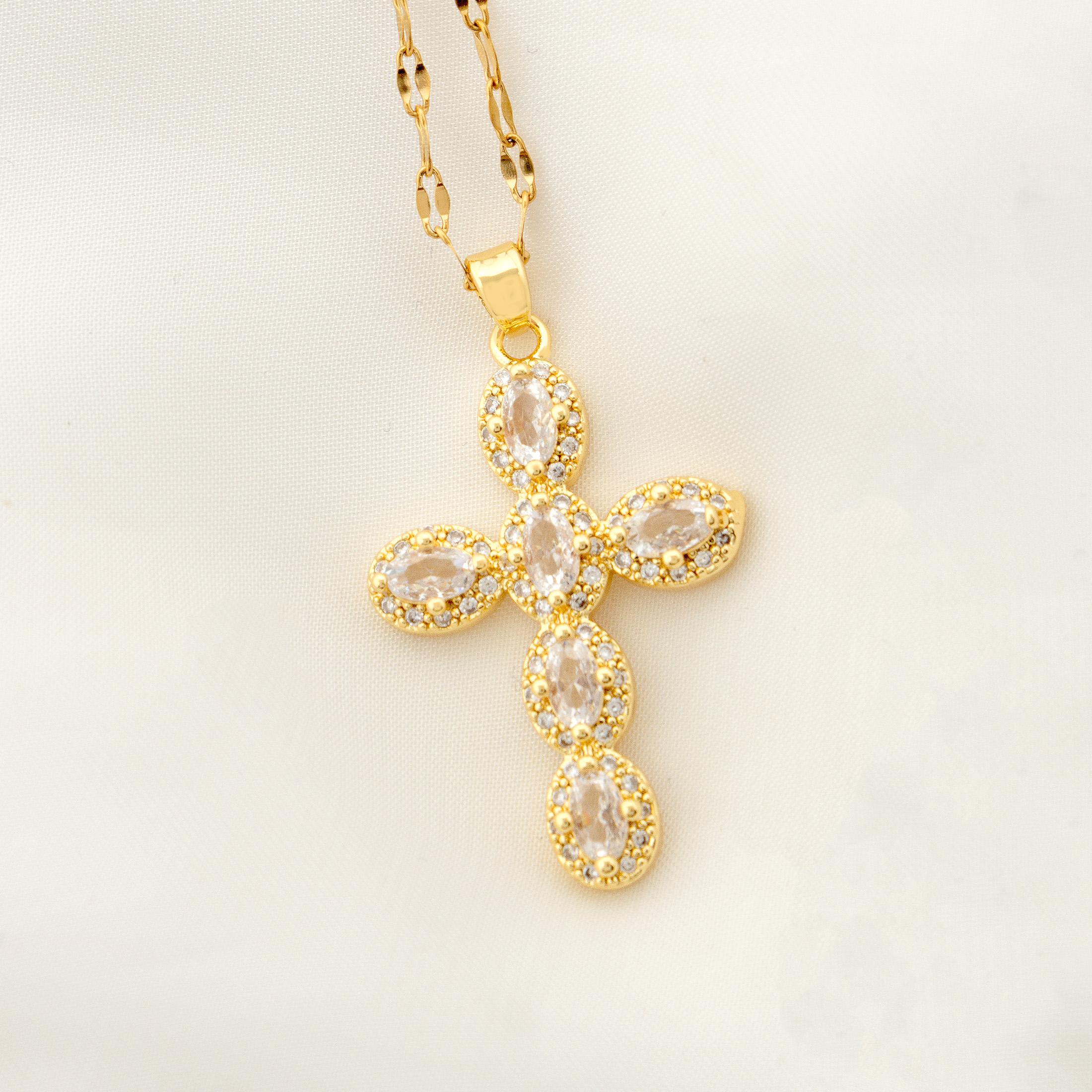 1 pearl shell inlaid zircon cross pendant for women s sexy style stainless steel plated gold necklace