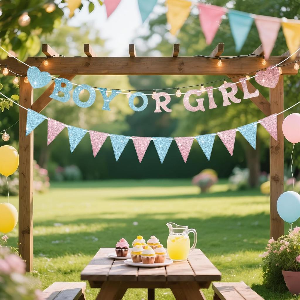 Boy or Girl Banner Gender Reveal Decorations, Pre-Strung Gold Glitter Baby Gender Reveal Decorations, No Diy He or She Party Decor for Girl Boy