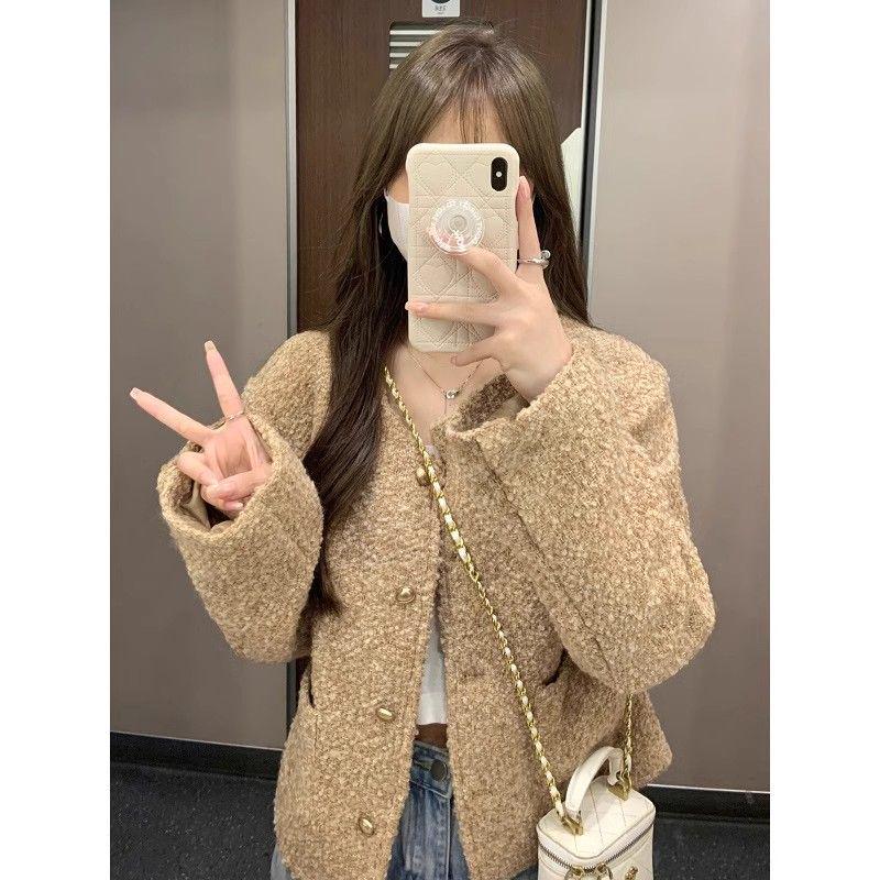 

Французская короткая куртка с круглым вырезом - Женская осенне-зимняя в корейском стиле: Нежный, Простой, Повседневный, Универсальный и Модный. M