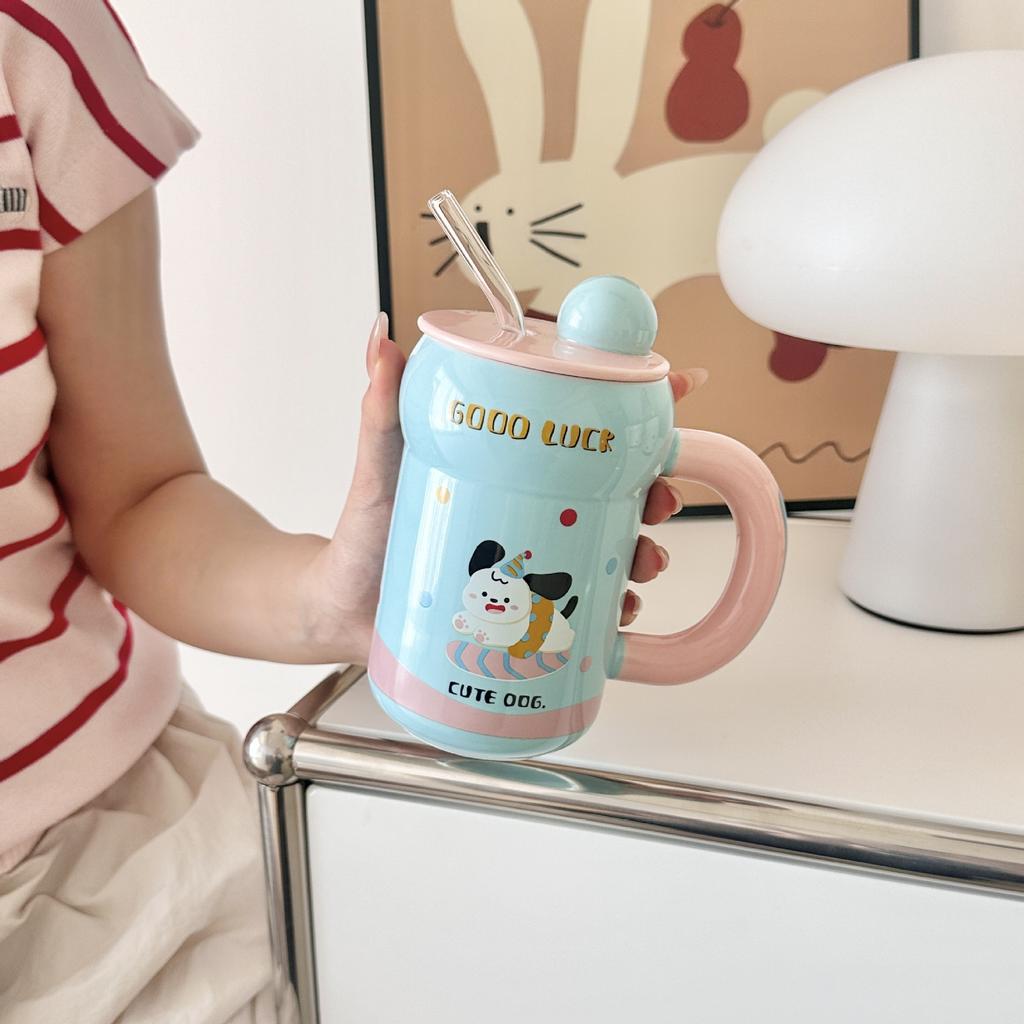 Cute Ceramic Mug with Lid Straw Cup Couple Home Cup Practical Birthday Gift for Girls