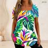 Women Plus Size U Neck Short Sleeve White Black Tropical Leaf Printed T Shirt
