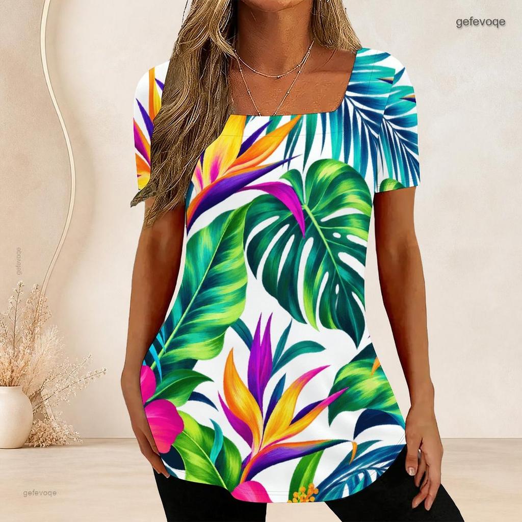 Women Plus Size U Neck Short Sleeve White Black Tropical Leaf Printed T Shirt