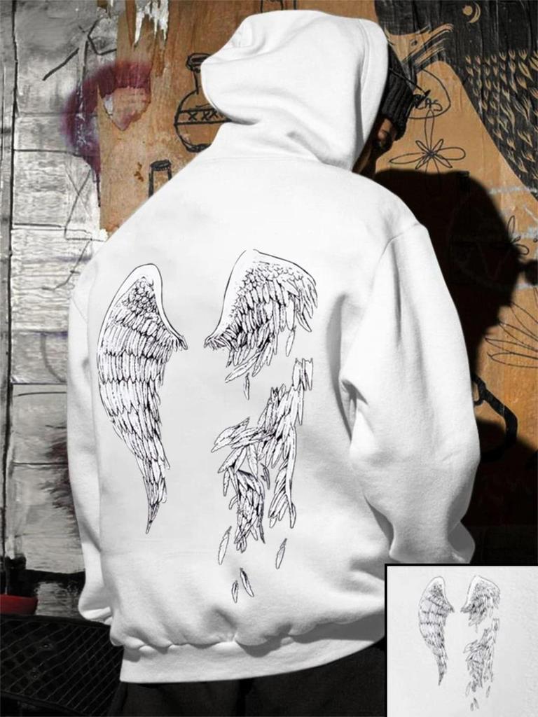 Street Trend Wings Printing Hoodie For Men Pocket Drawstring Pullovers Loose Fleece Warm Sweatshirts Autumn Comfortable Clothes
