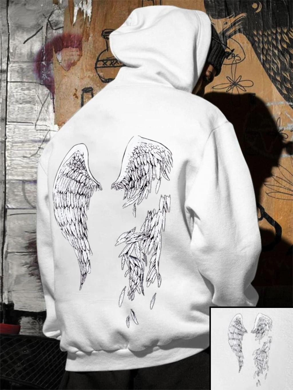 

Street Trend Wings Printing Hoodie For Men Pocket Drawstring Pullovers Loose Fleece Warm Sweatshirts Autumn Comfortable Clothes S