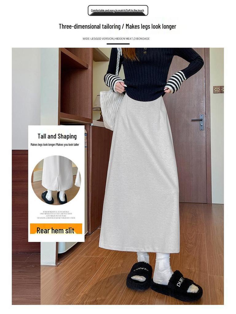 Khaki Wool High-Waist Slimming Midi Skirt for Women - A-Line, Hip-Hugging, Spring/Autumn 2026