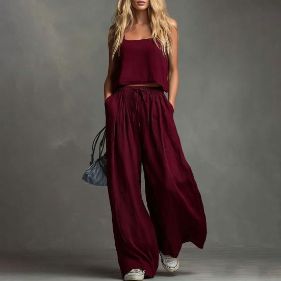Sommer ärmelloses 2-teiliges Outfit für Damen, lässiges Crop-Cami-Top und weite Hosen, Loungewear-Partnerlook-Sets mit Taschen