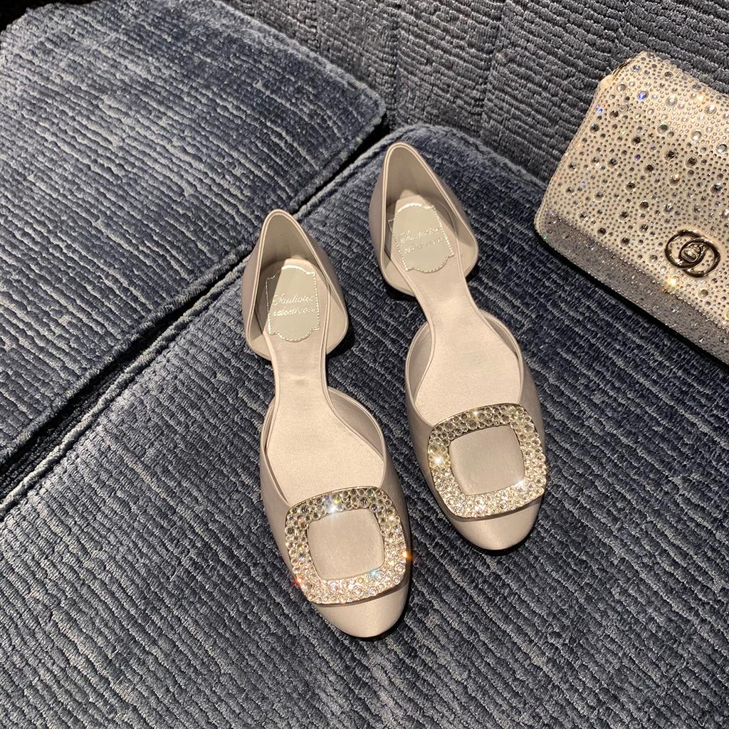 Sheepskin version of grape mother, the same spring and summer new fairy square diamond buckle shallow mouth shoes hollow sandals women's flat shoes