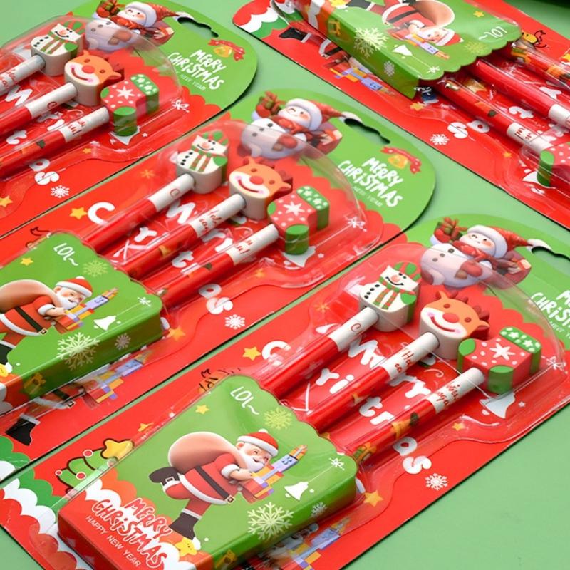 

3Pcs/Set Cute Christmas Pencil With Cartoon Eraser Head Kawaii Christmas Gifts School Supplies Sketch Writing Drawing Stationery