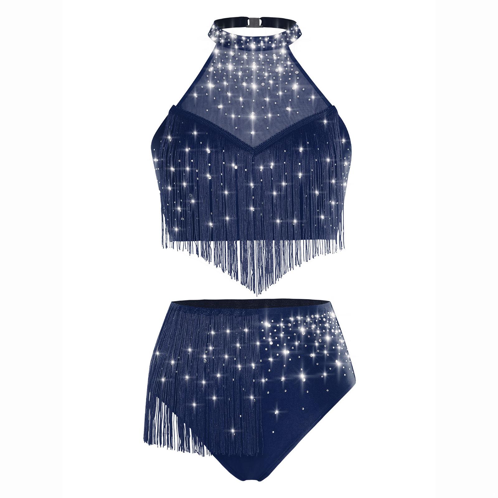 

Жіночий костюм для танцю самба Топ-халтер з прозорої сітки Кроп-топ Шорти з бахромою та спідня білизна Блискучі стрази Костюм для танцю живота S темно-синього кольору