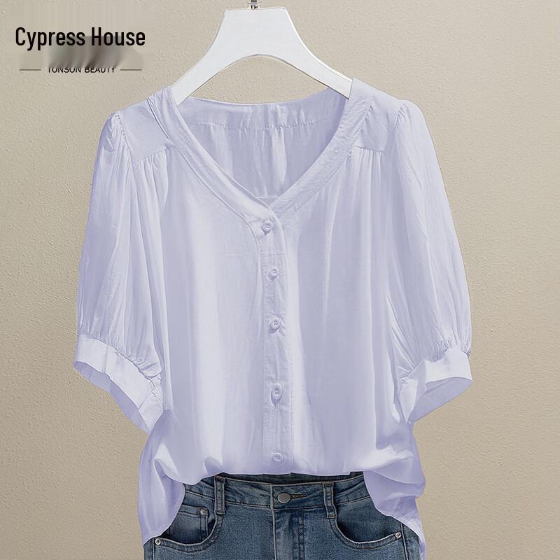 Sybylshe Women's V-Neck Short Sleeve Button-Front Shirt