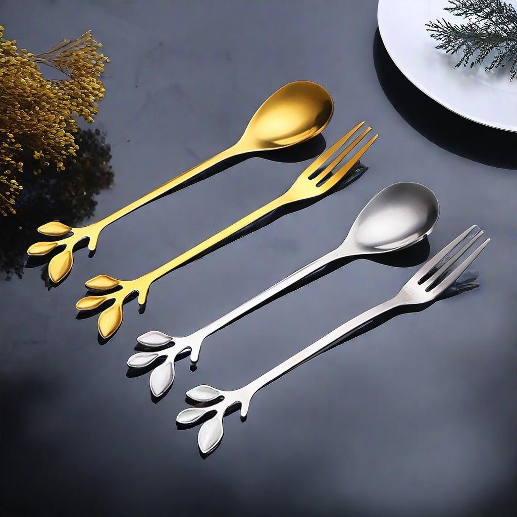 Edelstahl Blatt Löffel- und Gabelset für Kaffee, Speisen und Desserts