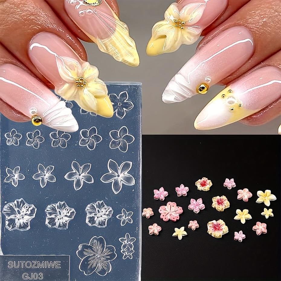 3D Charm Silicone Nail Carving Mold - Five-Petaled Island Egg Flower & Cherry Blossom Design Stamping Plate for DIY Manicure, Nail Art Tools