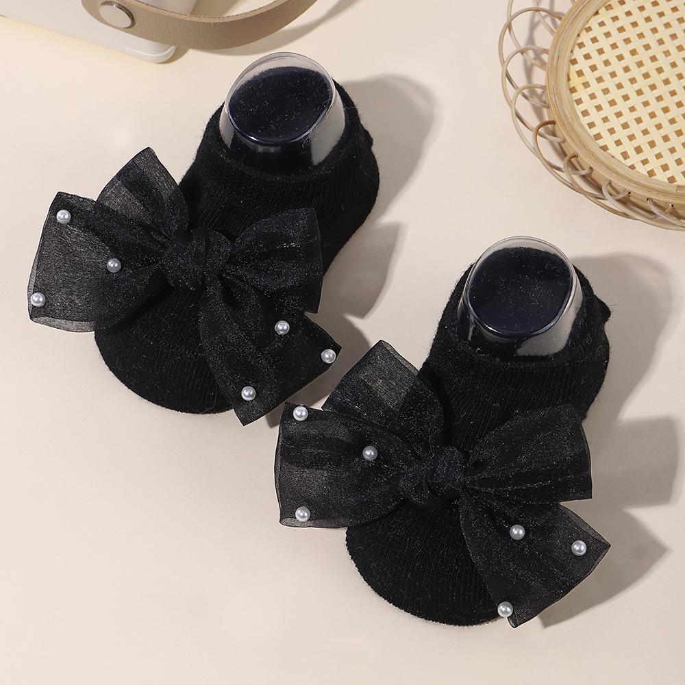 

1 пара носков с кружевными бантами, шифоновые, жемчужные, нежные, дышащие, носки для малышки, носки с буквами для малыша