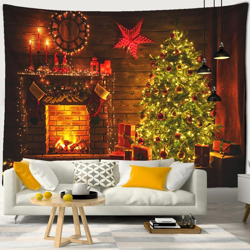 Neon Fireplace Tapestry Wall Hanging Christmas Tree Gift Socks New Year Atmosphere Background Cloth Witchcraft Home Decor