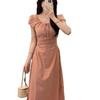 Pink Bubble Sleeve Dress Women's New Summer Sweet Waist and Thin Temperament Lace-up French Long Dress