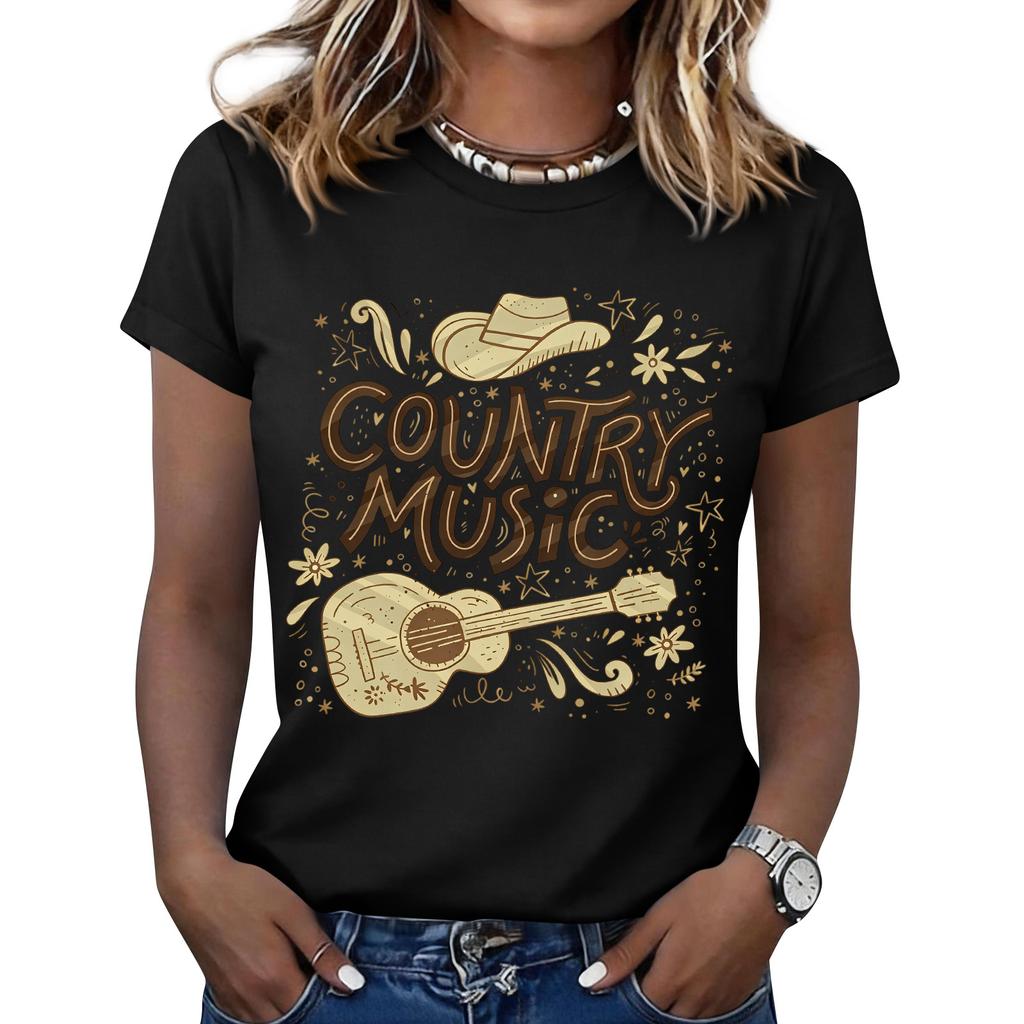 Women's Fashionable Casual Music Festival Print Round-Neck Short-Sleeve T-Shirt