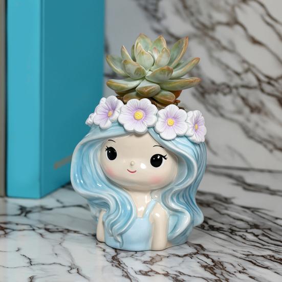 Cartoon Face Planter for Cacti Cute Girl Planter, Blue Hair Garland Head Indoor Plants Decorative Resin Plant Pot Succulents Healing Aesthetic