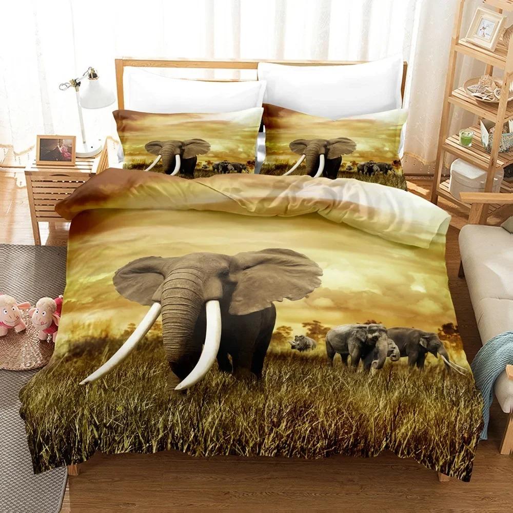 3D Elephant Bedding Set Queen Full Duvet Cover Sets Design Elephant Bedspread Black Wildlife Soft 2/3pcs Microfiber Quilt Cover