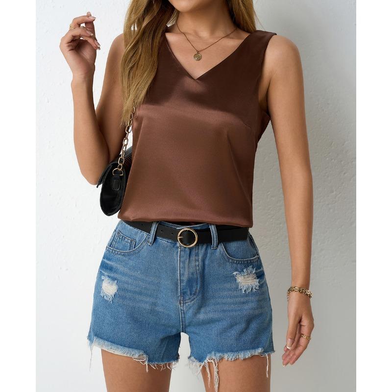 Gilet en satin pour femme, col en V, décontracté, dos nu, sans manches, printemps-été