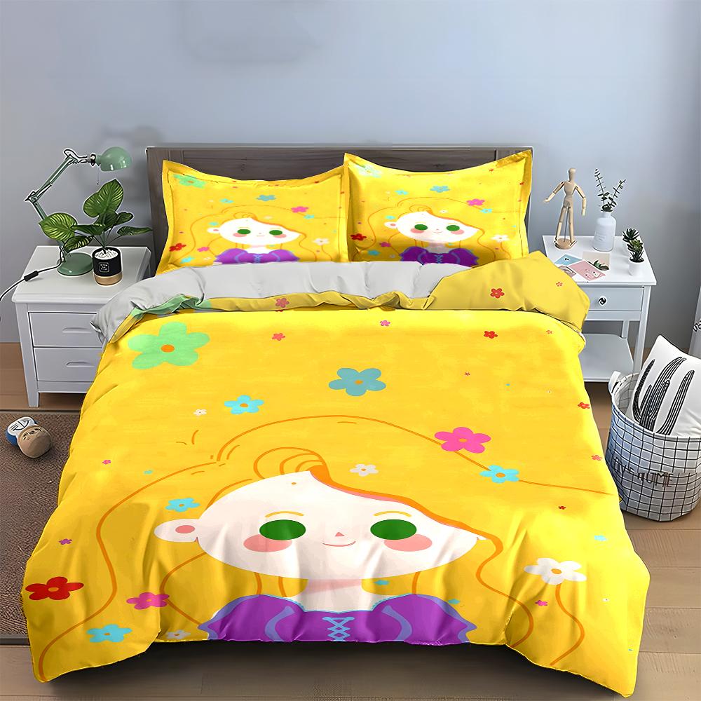 Golden Bedding Set with Cute Cartoon Girl Bedding set (1 duvet cover, 2 pillowcases, duvet not included)