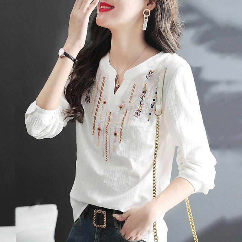 White Long Sleeved Shirt Women's Spring and Autumn Loose Embroidered Ethnic Style Versatile V-neck Top
