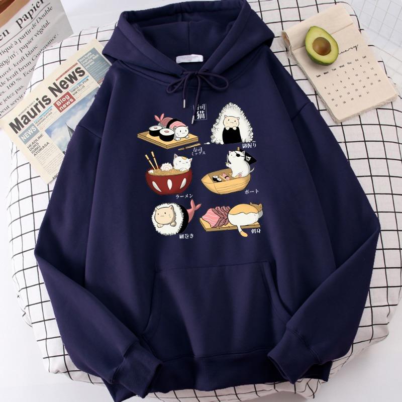 Food Cute Cat Sushi Printed Hoodie Mens Autumn Fleece Oversize Hoody Hip Hop Loose Sweatshirt Soft Oversize  Clothes Tops