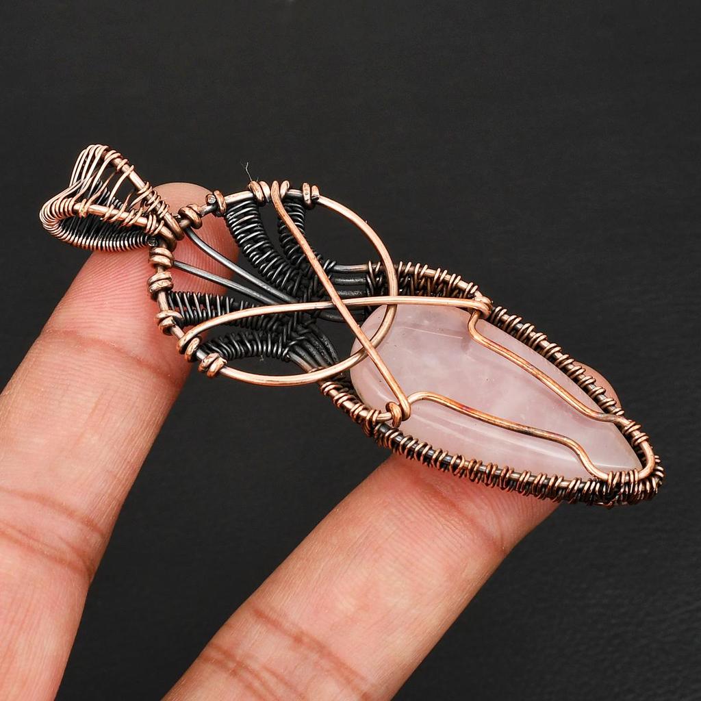 Vintage Style Rose Quartz Gemstone Copper Wire Wrap Pendant Unique Boho Pendant Anniversary or Birthday Jewelry Gift