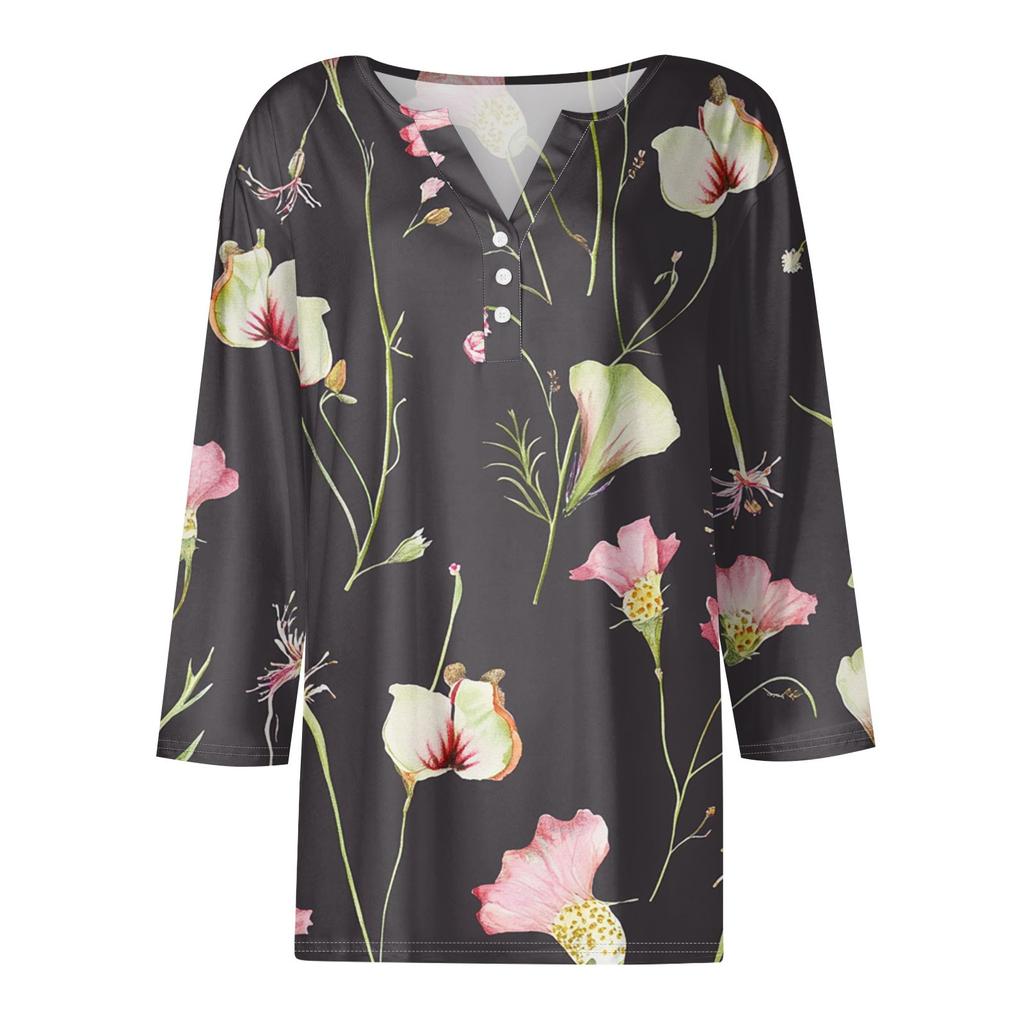 Women's Fashion Casual Floral Print V-Neck Short Sleeve Decorative Button Three-quarter Sleeve T-Shirt Top
