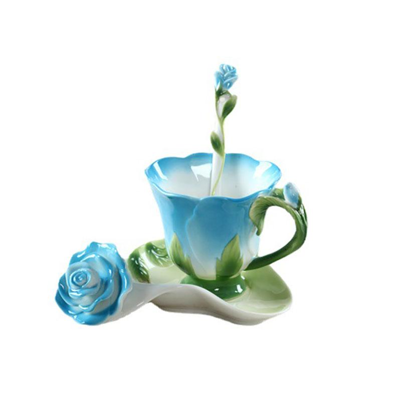 Chinese Colorful Ceramic Coffee Cup Saucer Enamel Flower Mug Wedding Gift Creative Afternoon Camellia Tea Cup Breakfast Milk Mug