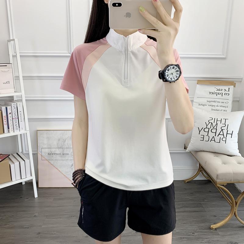 

Summer Colorblock Women s Moisture-Wicking Quick-Dry Outdoor Sports T-Shirt with Zipper Collar 3XL білий/рожевий