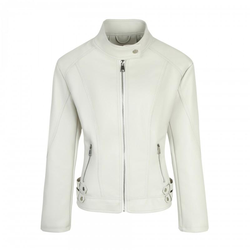 Womens Slim Fit PU Leather Jacket Stand Collar Long Sleeve Casual Streetwear Commute