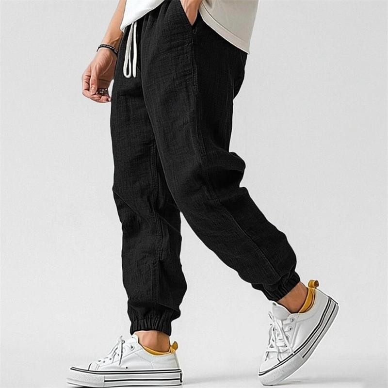 Men High Quality Cotton Linen Casual Pants Elastic Waist Solid Color Breathable Comfortable Straight Leg Cuffed Trousers