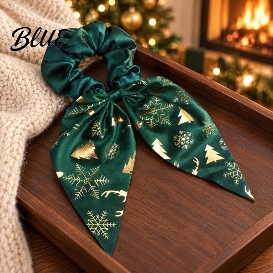 Christmas Party Hair Decorations Scrunchies with Bows Soft Satin Elastic Ties for Women Holiday Gift Accessories Snowflake Elk Tree Print