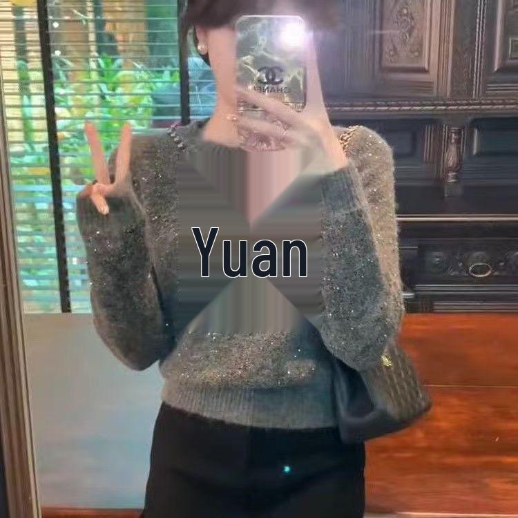 Women's Retro Beaded Bow Sparkly Knit Sweater - Long Sleeve, Thickened for Spring & Winter