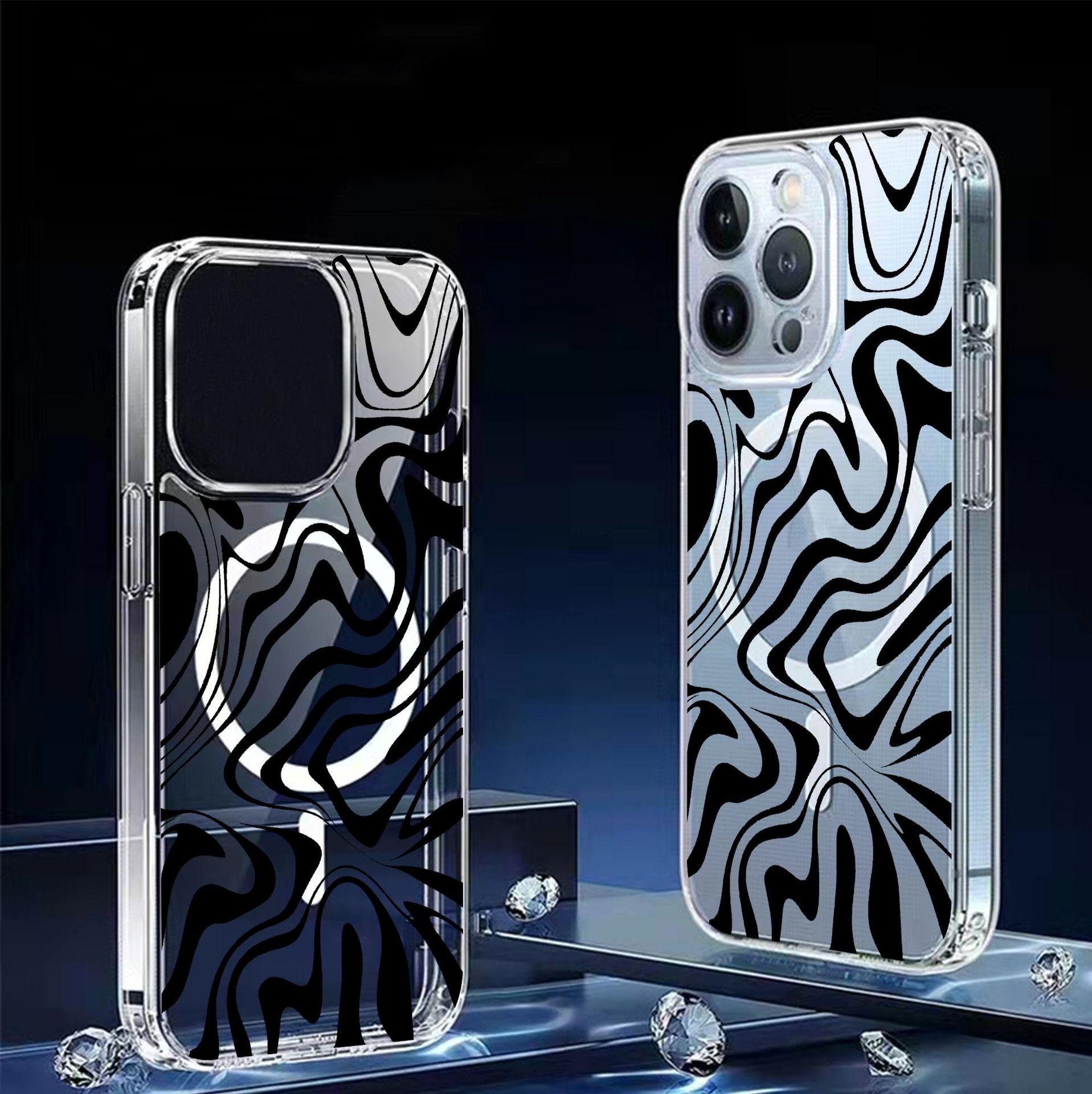 Black Wave Magnetic Transparent Case for iPhone 14/15/16/17 Pro Max iPhone 12 Mini прозрачный