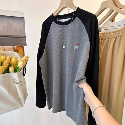 Extra Large Size Embroidered Dog Brushed Thickened Long-sleeved T-shirt Women's Autumn and Winter Loose and Thin Tops Bottoming Trend