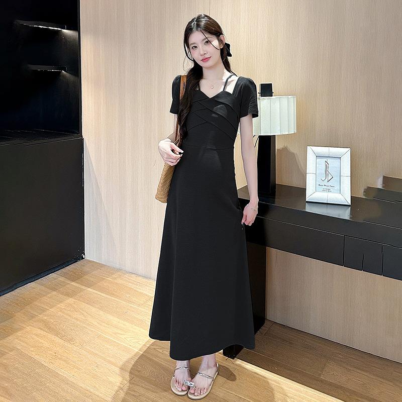2026 Elegant French Halter Neck Maternity Dress with Short Sleeves XL