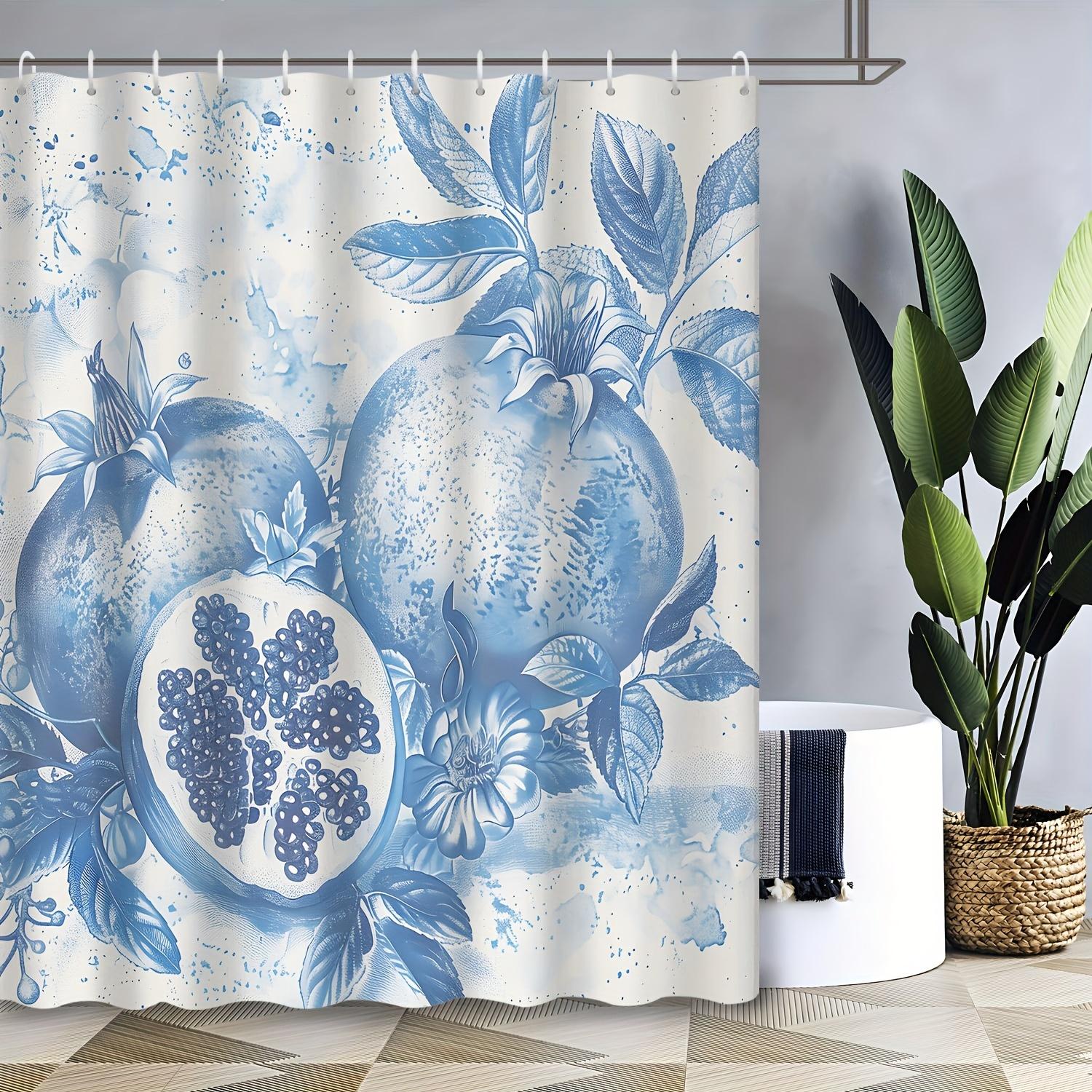 

Autumn Blue Cartoon Fruit & Pomegranate Shower Curtain, Watercolor Print, Hotel & Apartment Bathroom Decor W90xH180cm