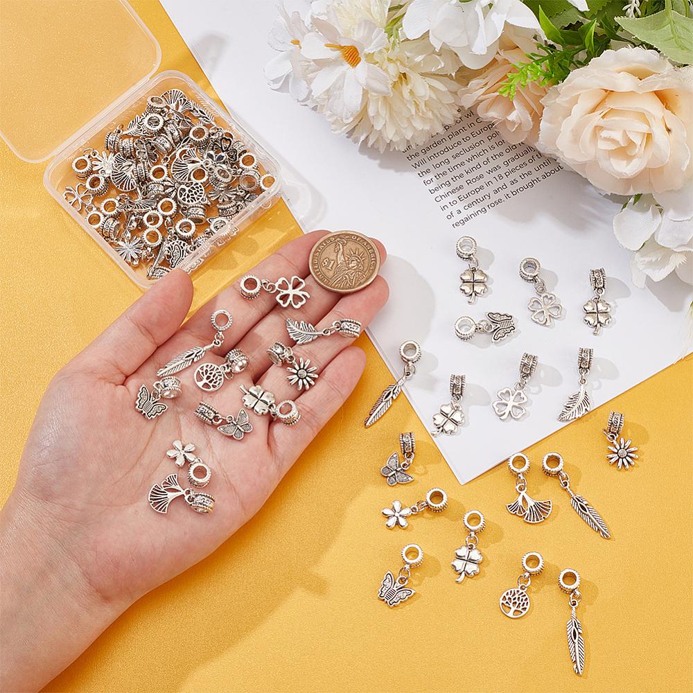 60Pcs 10 Styles Rack Plating Brass European Dangle Charms Large Hole Pendants Mixed Shapes Lead Free & Cadmium Free Antique Silver 22~39mm Hole: 4.5mm
