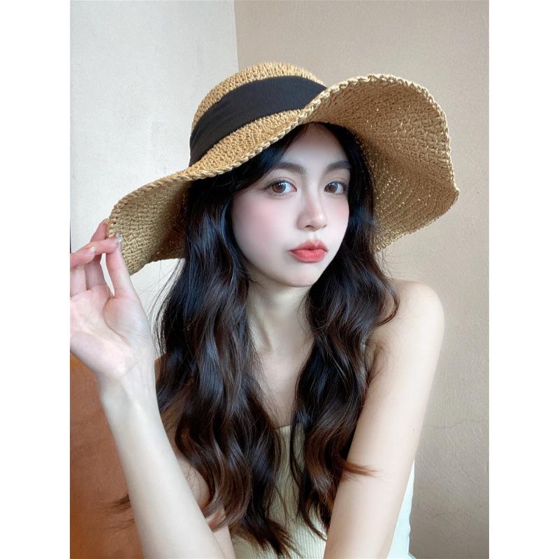 Straw Hat Female Korean Spring and Summer Seaside Beach Vacation Eaves Foldable Sun Protection Bucket Hat Bow