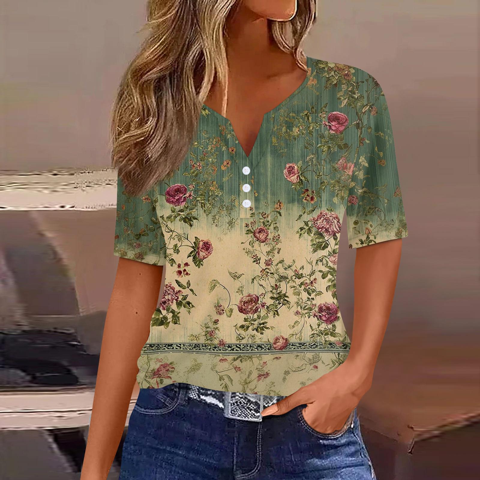 

Women Fashion Casual Floral Print V Neck Short Sleeve Top with Decorative Button Loose Fit Lightweight T Shirt Blouse XL