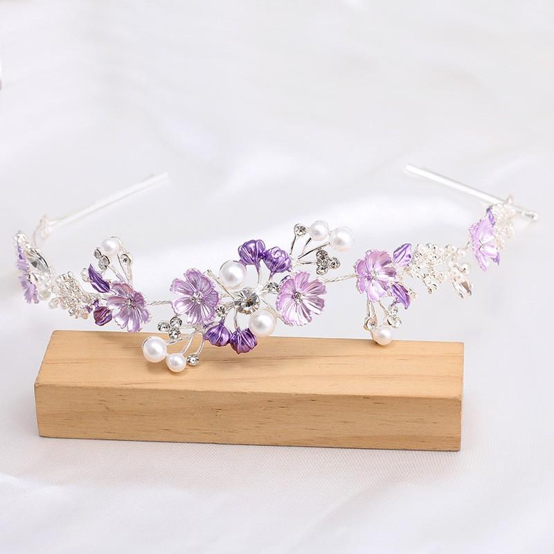 Korean-style foldable alloy floral headband with painted design for women, suitable for wedding updos and as a hair accessory FG01078 Silver Purple