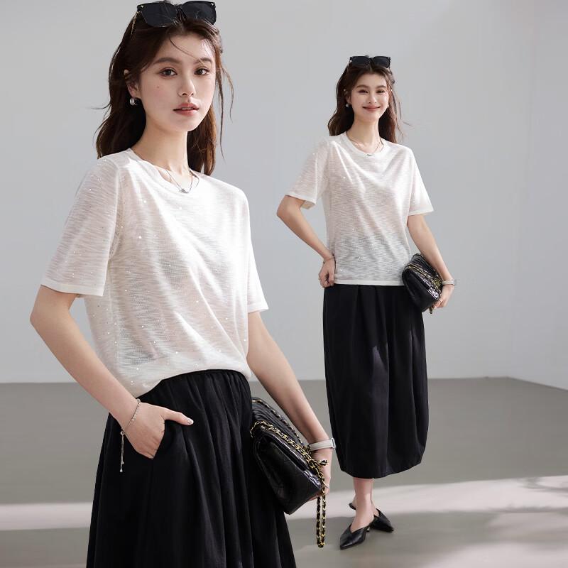 VICTORIA&VERA Sequin Design Lightweight Knitted Short Sleeve Top