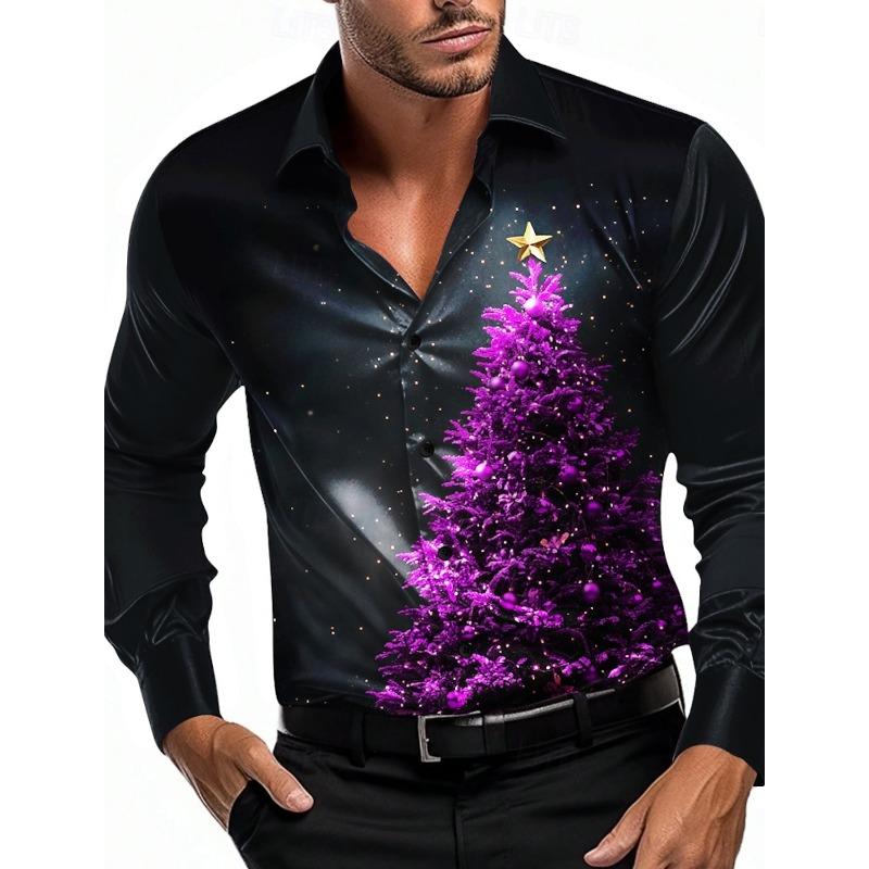 Men's 3D Printed Formal Shirts Christmas Tree Graphic Turn-Down Collar Long Sleeve Shirt Fashion Men's Shirts For Men