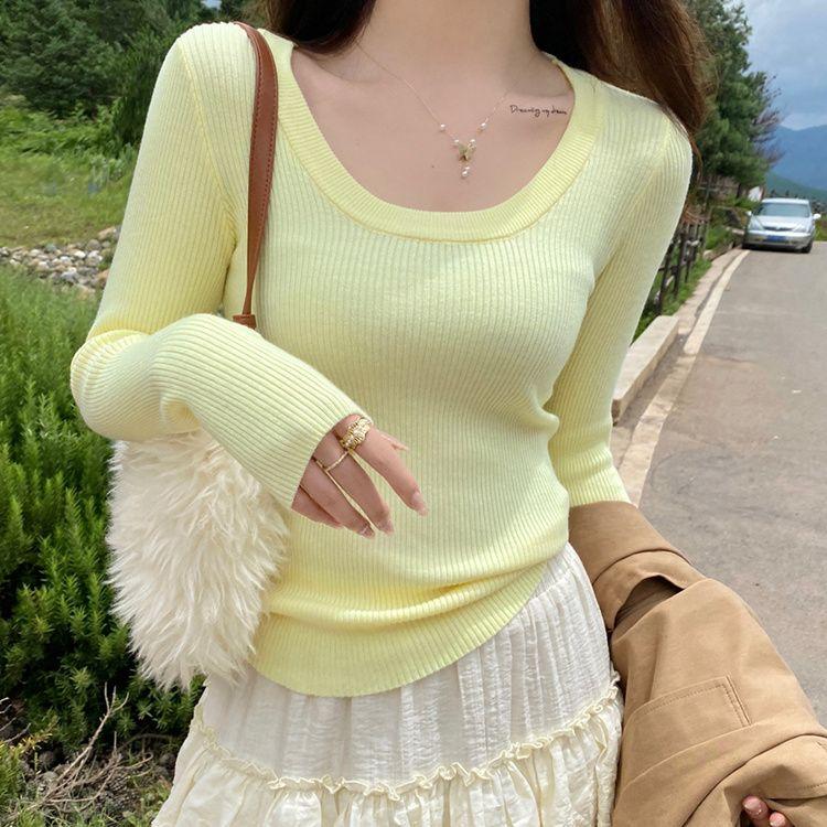 Women's U-Neck Low-Cut Knitwear Top Autumn Winter Base Shirt Slim Fit Tight Short Sweater