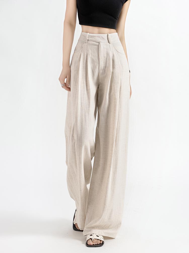 Women's High-Waisted Wide-Leg Linen Pants - Summer 2026 Collection, Loose Fit, Tencel Cotton Blend, Floor-Length