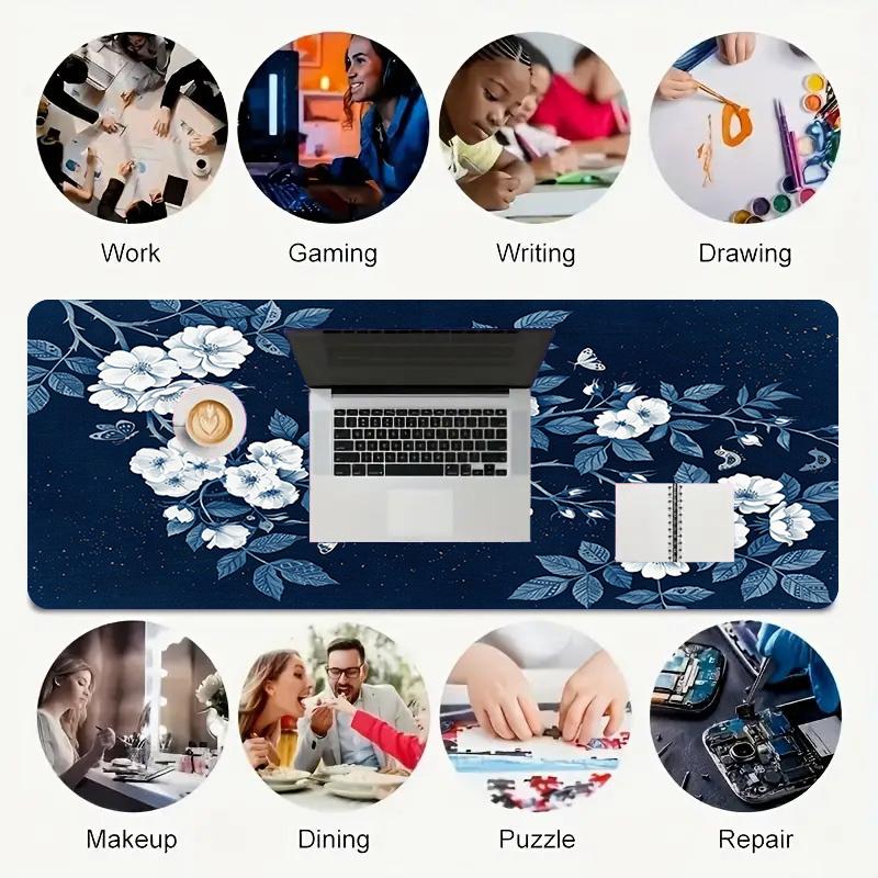 Blue Flowers Xl Gaming Mouse Pad Nonslip Rubber Base Stitched Edge Waterproof Desk Mat For Pc Laptop Gamer Office Computer Accessories C927118