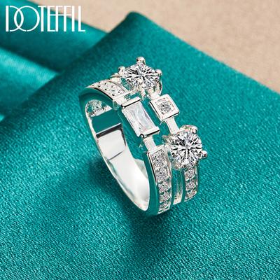 925 Sterling Silver Round Square AAA Zircon Ring Fashion Wedding Jewelry